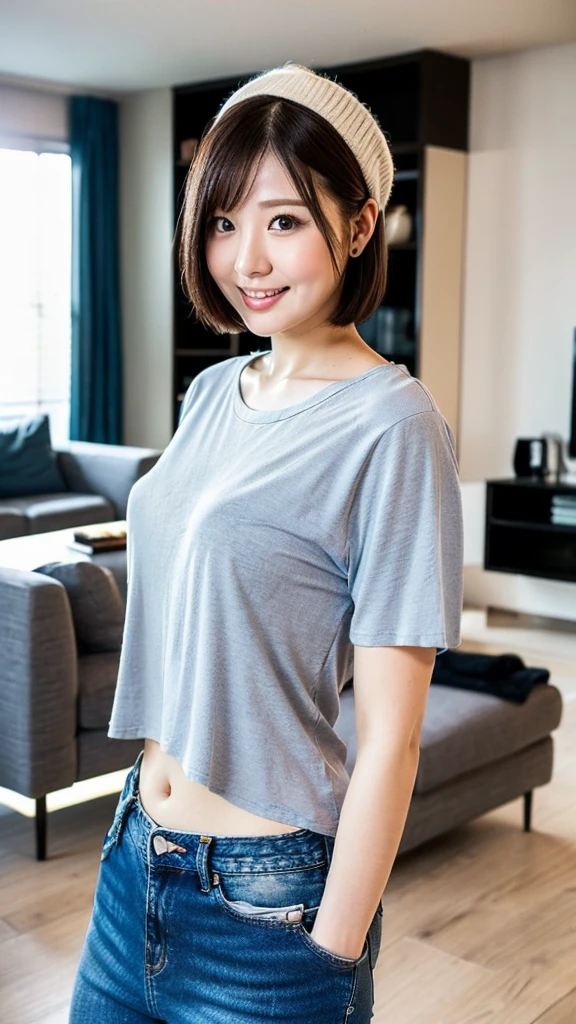 (Highest quality:1.5), (Real:1.4), (Ultra high definition:1.4), (No correction:1.4), (33 year old chubby housewife), (1 Japanese chubby woman with small breasts in thirty-three years old), (chubby body), (small breasts), (33 years old round face), (Beautiful skin), (bangs:1.1), (short hair), (Plain T-shirt), (Denim pants), (chubby housewife is standing in the living room), (33 years old small breasts housewife with plain T-shirt and denim pants is standing in the living room), (front view of a woman:1.1), (Living room at home), (Upper Body), (smile), (Face to face), (chubby), (small breasts), (upright:1.1), (Portrait:1.1), (plain T-shirt)