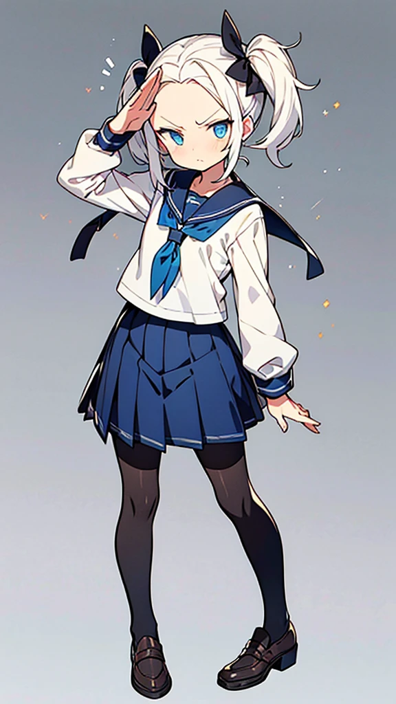 Super skillful anime style illustration,hairstyle with high-forehead,white hair,twintail hair,blue eyes,
school sailor uniform with black pantyhose,Salute, serious face,Short stature disproportionate to age,13yo and 120cm,