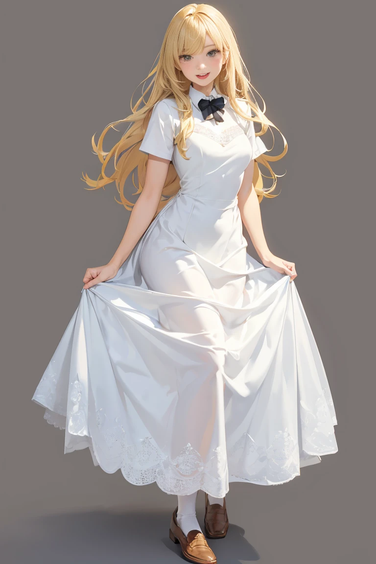 masutepiece, Best Quality, Yukime V4, 1girl in, Solo, Long hair, Smile, Open mouth, Simple background, ((Dress, long-one-piece dress, White Dress, wedding dress)), Sitting, Cowboy Shot, Ice, Snow, 1 female, teenage female, Gyaru high school girl, ((dyed brown or blonde long hair)), hair styled with lots of accessories, (tan skin colour), ultra finely detailed eyes (decorative contact lenses), fashionable, outgoing, socially active, slim body build, ((intricate detail)), super finely detailed hands, ultra finely detailed fingers(((ten fingers))), wwearing white short sleeves school shirt with bowtie, gray school skirt, knee-length school socks, and black school loafers, heavy makeup, (standing casually), (full body showcase), (show full body), (no logos on background), (no logo), ((plain background)), ((plain background)), (((empty background)))