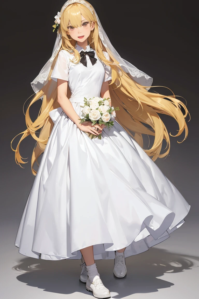 masutepiece, Best Quality, Yukime V4, 1girl in, Solo, Long hair, Smile, Open mouth, Simple background, ((Dress, long-one-piece dress, White Dress, wedding dress)), Sitting, Cowboy Shot, Ice, Snow, 1 female, teenage female, Gyaru high school girl, ((dyed brown or blonde long hair)), hair styled with lots of accessories, (tan skin colour), ultra finely detailed eyes (decorative contact lenses), fashionable, outgoing, socially active, slim body build, ((intricate detail)), super finely detailed hands, ultra finely detailed fingers(((ten fingers))), wwearing white short sleeves school shirt with bowtie, gray school skirt, knee-length school socks, and black school loafers, heavy makeup, (standing casually), (full body showcase), (show full body), (no logos on background), (no logo), ((plain background)), ((plain background)), (((empty background)))