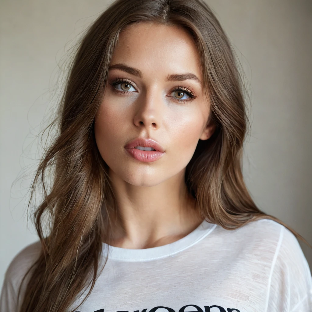 Beautiful woman from sweden, realistic eyes, realistic face, long brown hair, 25 years old, model, full lips, special camera angle, sexy shirt, sideboobs