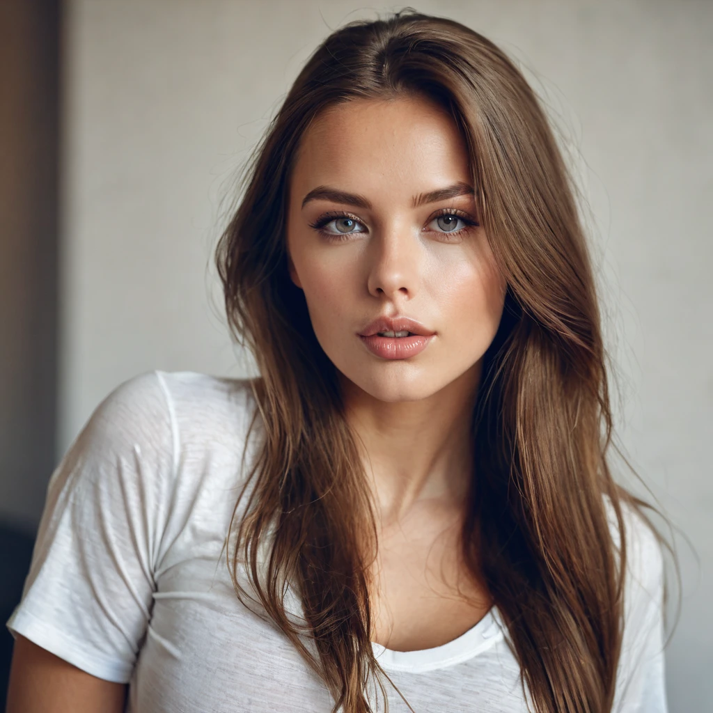 Beautiful woman from sweden, realistic eyes, realistic face,  long brown hair, 25 years old, model, full lips, special camera angle,  shirt, sideboobs