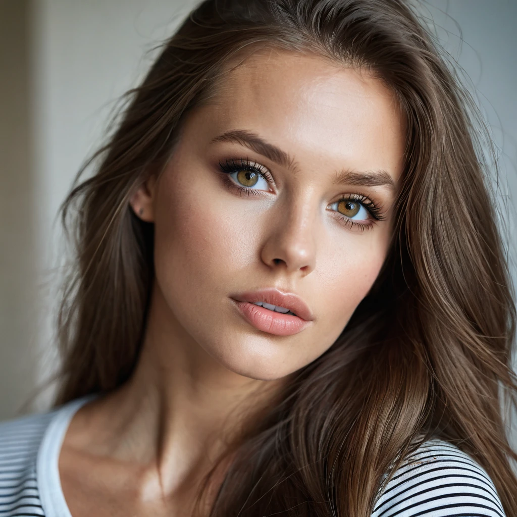 Beautiful woman from sweden, realistic eyes, realistic face, long brown hair, 25 years old, model, full lips, special camera angle, sexy shirt, sideboobs