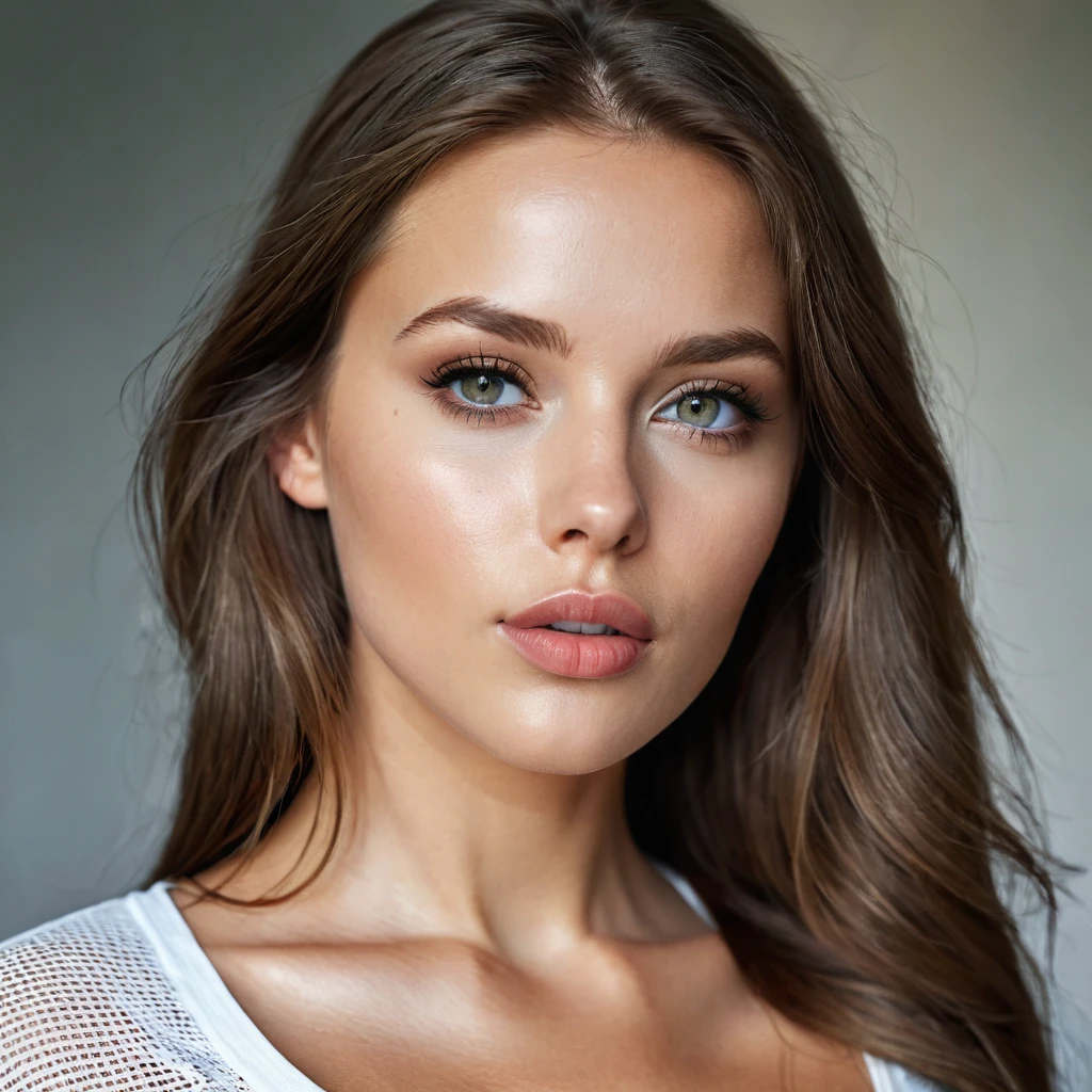 Beautiful woman from sweden, realistic eyes, realistic face, long brown hair, 25 years old, model, full lips, special camera angle, sexy shirt, sideboobs