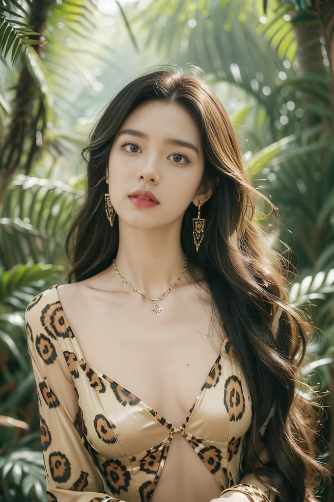 (((best quality))),(((ultra detailed))),(((masterpiece))),illustration,((1 beautiful girl,solo)),(shoulder length messy hair:1.2),((Beast bone earrings and necklace)),((slim,thin)),((small breasts,flat chest)),(slender legs:1.2),fair complexion,(leopard print panel dress:1.3),seductive,wild spirit,lush forest,primitive,tall trees,green canopy, sunlight filter,scent of earth,bird chirping,small creatures,secluded spot,captivating,enigmatic,raw energy,untamed spirit,morden day Eve,Garden of Eden,playful,adventurous,striking appearance,exotic setting,summertime,heat,humidity,vibrant colours,endless possibilities,exquisite detail,expansive wilderness,feminine allure,((from front,upper body))