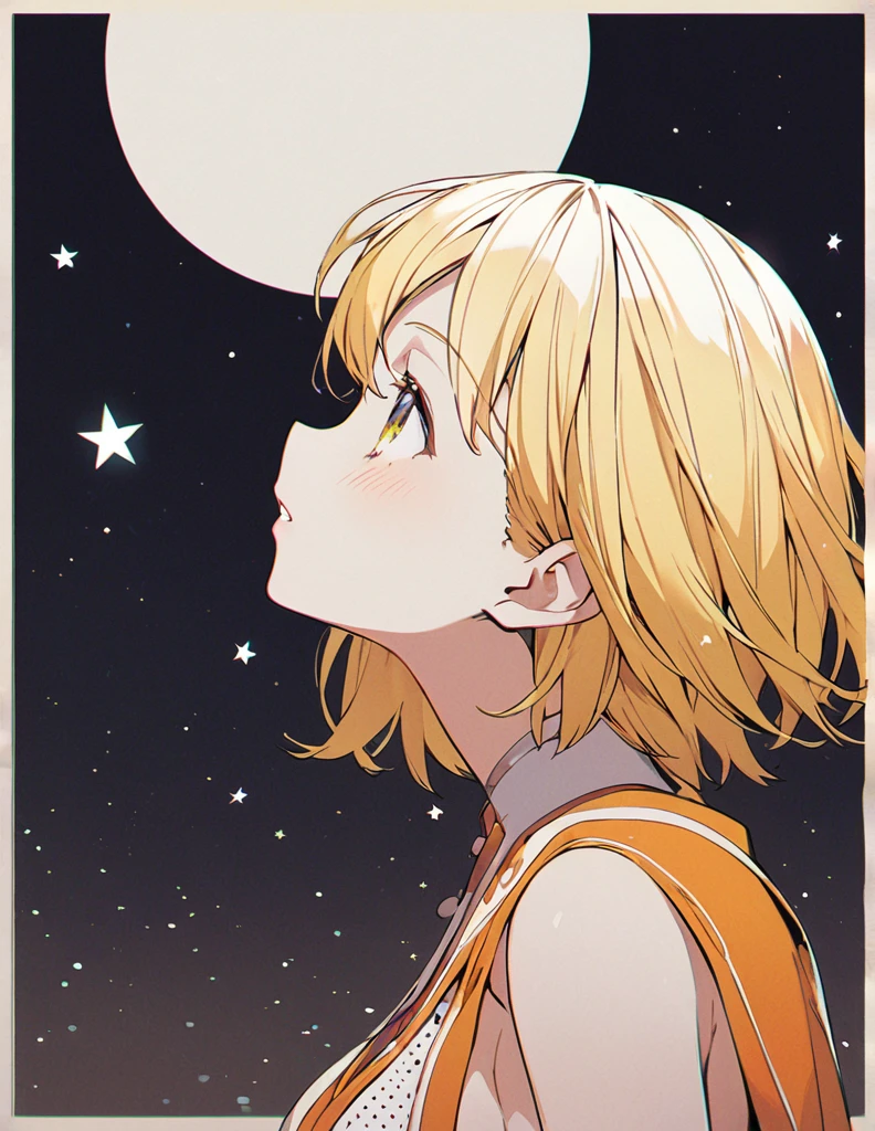 Profile of a cheerful blonde short-haired girl, side boob exposed　Screentone processing　Looking up at the moon