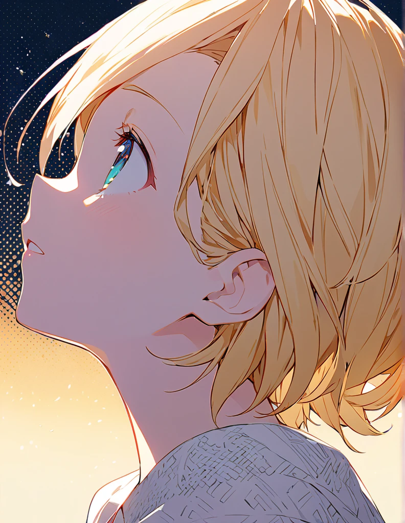 Profile of a cheerful blonde short-haired girl, side boob exposed Screentone processing Looking up at the moon