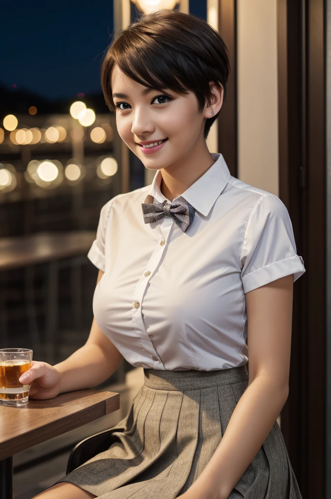 (8k, RAW photo, best quality, masterpiece:1.2), (realistic, photo-realistic:1.37), ultra-detailed,
1 girl,cute, solo,beautiful detailed sky,detailed cafe,night,sitting,dating,(nose blush),(smile:1.1),(closed mouth),large breasts, seductive smile, large aparture, professional lighting, Sony A7R4, Zessie 50mm F1.8,
medium breasts,beautiful detailed eyes,(collared shirt:1.1), bowtie,pleated skirt,(short hair:1.2),floating hair