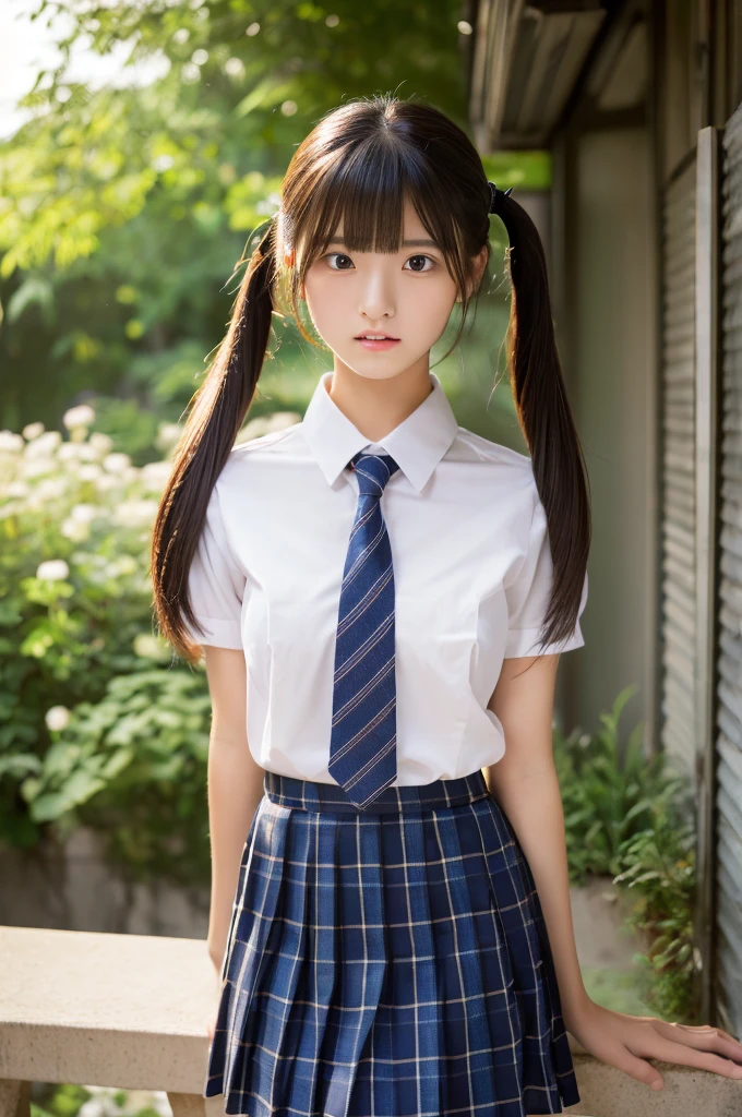 ((highest quality, masterpiece :1.3)), Photorealistic、Ultra-high resolution、Natural skin texture、Hyperrealism、Photograph from the knee up、15 year old Japanese beautiful girl、Twin tail hair、well-shaped breasts、Tight white collared shirt and tie、mini skirt、Angry expression、My eyes are watering