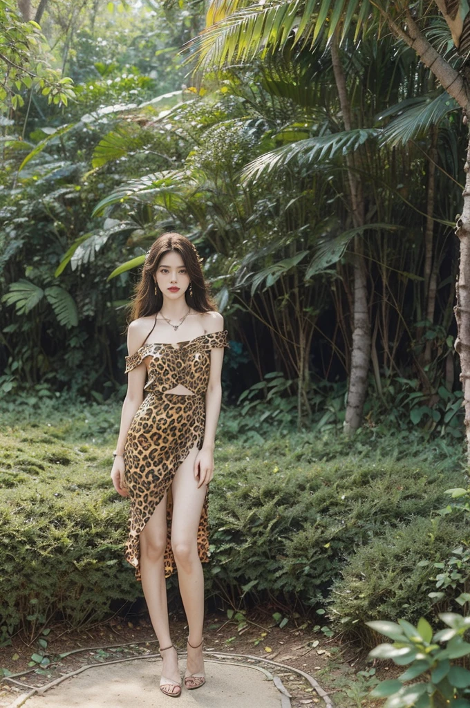 (((best quality))),(((ultra detailed))),(((masterpiece))),illustration,((1 beautiful girl,solo)),(shoulder length messy hair:1.2),((Beast bone earrings and necklace)),((slim,thin)),((small breasts,flat chest)),(slender legs:1.2),fair complexion,(leopard print dress:1.3),(standing:1.3),seductive,wild spirit,lush forest,primitive,tall trees,green canopy, sunlight filter,scent of earth,bird chirping,small creatures,secluded spot,captivating,enigmatic,raw energy,untamed spirit,morden day Eve,Garden of Eden,playful,adventurous,striking appearance,exotic setting,summertime,heat,humidity,vibrant colours,endless possibilities,exquisite detail,expansive wilderness,feminine allure,((from front,full body))