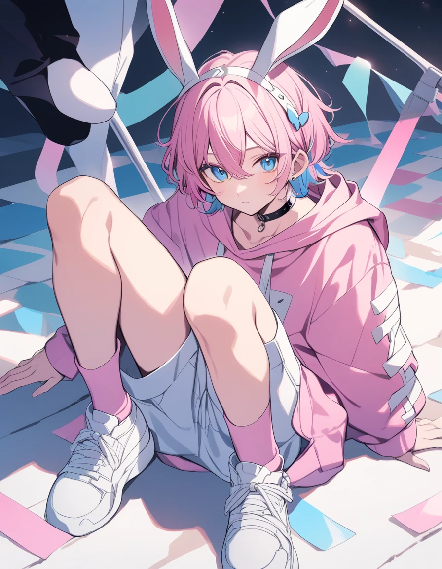 pink hair, boy, , rabbit ears, pink hoodie, blue eyes, choker, white shoes