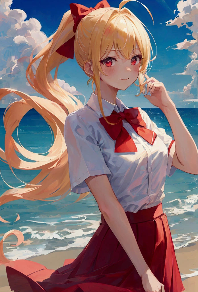 masterpiece, best quality, ultra-detailed, illustration, close-up, straight on, face focus, 1girl, ijichi_nijika, solo, blonde_hair, shirt, white_shirt, red_eyes, side_ponytail, bow, collared_shirt, red_bow, smile, bangs, outdoors, upper_body, sidelocks, closed_mouth, bowtie, short_sleeves, looking_at_viewer, long_hair, sky, hand_on_own_chin, blush, red_bowtie, ahoge, school_uniform, day, ocean, blue_sky, beach, cloud