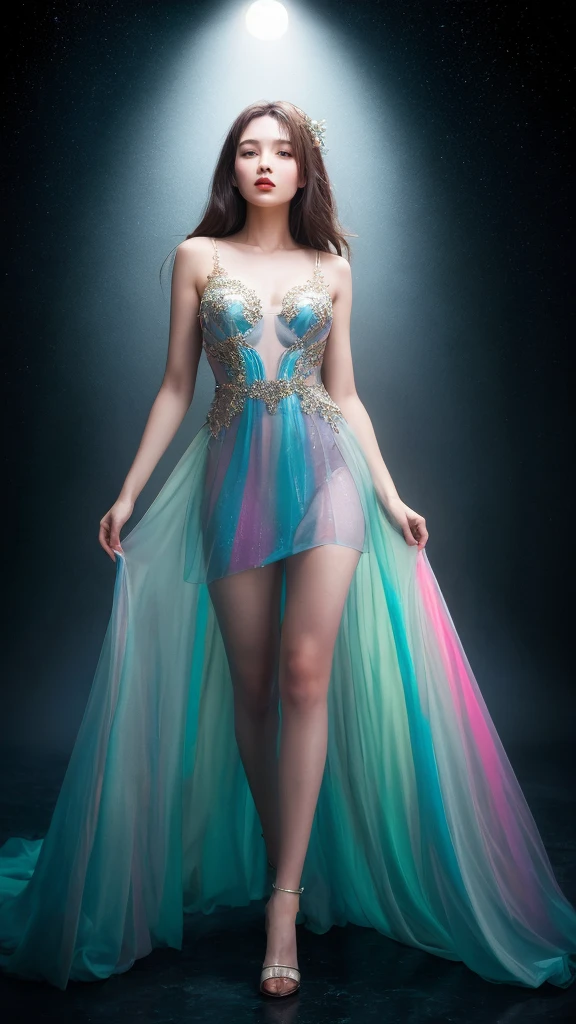 Ultra-realism, Watercolor style, Dark Fantasy, cryptic, BREAK Emphasizing the presence of the subject, Detailed and clear depiction, Detailed and realistic skin texture, cryptic, BREAK Crystal-clear, ガラスのようなReflection of light, Silky luster, Transparent pastel colors, Transparency, For fantastic images, cryptic, BREAK (A girl flying through the night sky towards the moon:2.0, cryptic), aesthetic, Captivate all your audience, BREAK Highest Quality, Highest quality, Highest Resolution, Perfect dynamic composition, Shoot from the most attractive perspective, BREAK [Succubus|Sun], ((Wearing an evening dress)), (Long Hair, Platinum gradation:1.3), (Attractive brown eyes,) Indifference, kind, cryptic, BREAK Strong and fleeting eyes, High transparency, Reflection of light, Transparent gloss, aesthetic, BREAK Detailed and beautiful skin texture, Expressing an attractive softness, aesthetic, BREAK Luxury Costume, The suppleness of silk, silk texture, Silk luster, Crystal-clear, aesthetic, BREAK Ultra-realism,Delicate depiction, Highest quality, Highest Resolution, BREAK Emphasizing the presence of the subject, Fantastic Fog, Transparent light, BREAK High contrast, Cinematic Lighting Effects, Fantastic iridescent colors, Blacklight, holographic, BREAK (Dynamic wide full body shot:1.4, ankle in of frame:1.3), Surprise and impress all your viewers,