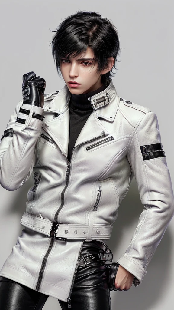 Final fantasy taste and reality graphics, ((Japanese young cute and cool ikemen boy)), his age is early 20s, thin eyebrows and beady eyes, ((he wearing off white color leather thick and heavy material jacket)), ((jacket is singlebrest)), ((biker style jacket)), ((jacket is large size)),((with epaulet)), ((jacket is long sleeve)), ((zipped front of the leather jacket)), , ((voluminous leather jacket)), ,((must jacket is high length and stand-up collar)) ((jacket collar with two belts)), ((jacket is a little black color line pattern)), ((also wearing black thick material turtleneck lackluster shirts)), ((tight black leather pants)), ((put black leather tight and thin glove on both hands)), ((black leather knee-high raceup boots)),((must views head-to-toe)),((must views whole body)), ,((Do not show skin from the neck down)),leather jacket leather glove and leather pants have few wrinkles, Avoid showing your innerwear,zip up jacket fastner.must put on a leather glove.
Boy is black hair.boy looks like fashion model.
