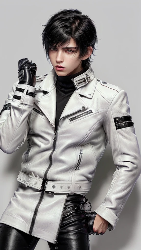 Final fantasy taste and reality graphics, ((Japanese young cute and cool ikemen boy)), his age is early 20s, thin eyebrows and beady eyes, ((he wearing off white color leather thick and heavy material jacket)), ((jacket is singlebrest)), ((biker style jacket)), ((jacket is large size)),((with epaulet)), ((jacket is long sleeve)), ((zipped front of the leather jacket)), , ((voluminous leather jacket)), ,((must jacket is high length and stand-up collar)) ((jacket collar with two belts)), ((jacket is a little black color line pattern)), ((also wearing black thick material turtleneck lackluster shirts)), ((tight black leather pants)), ((put black leather tight and thin glove on both hands)), ((black leather knee-high raceup boots)),((must views head-to-toe)),((must views whole body)), ,((Do not show skin from the neck down)),leather jacket leather glove and leather pants have few wrinkles, Avoid showing your innerwear,zip up jacket fastner.must put on a leather glove.
Boy is black hair.boy looks like fashion model.
