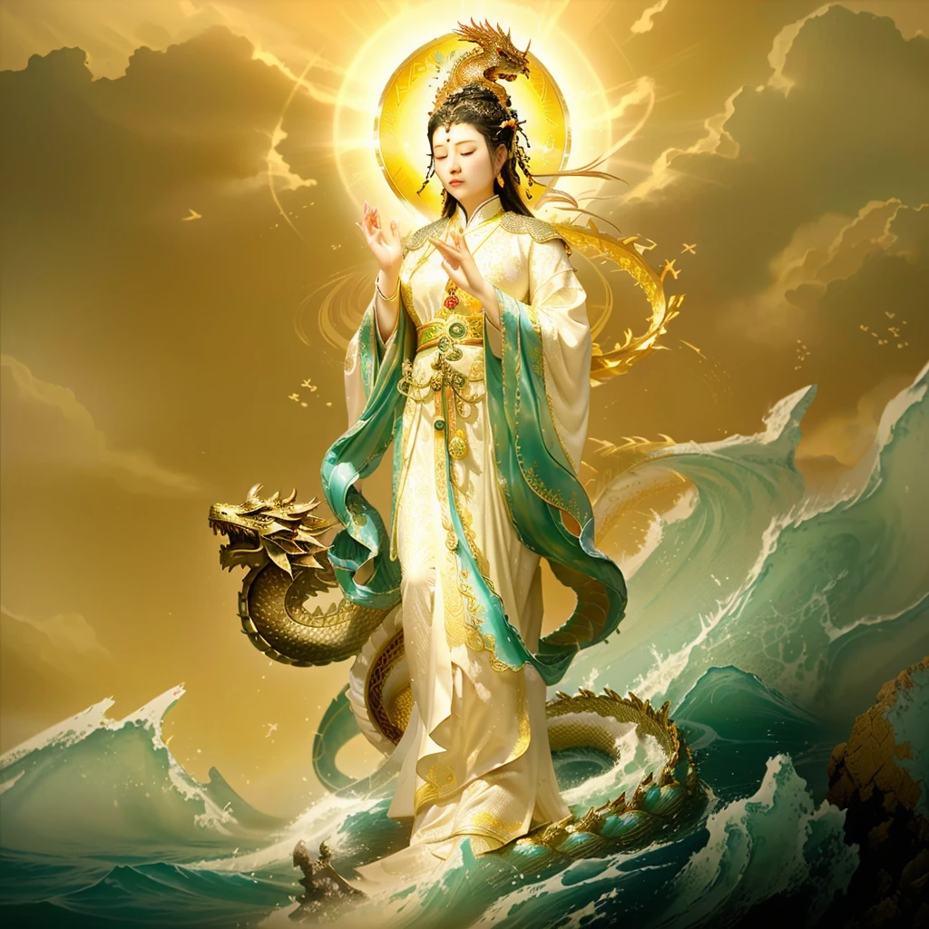 mercy buddha, surrounded by a dragon, sea wave, goddess, Chinese mythology, chinese female taoist priest