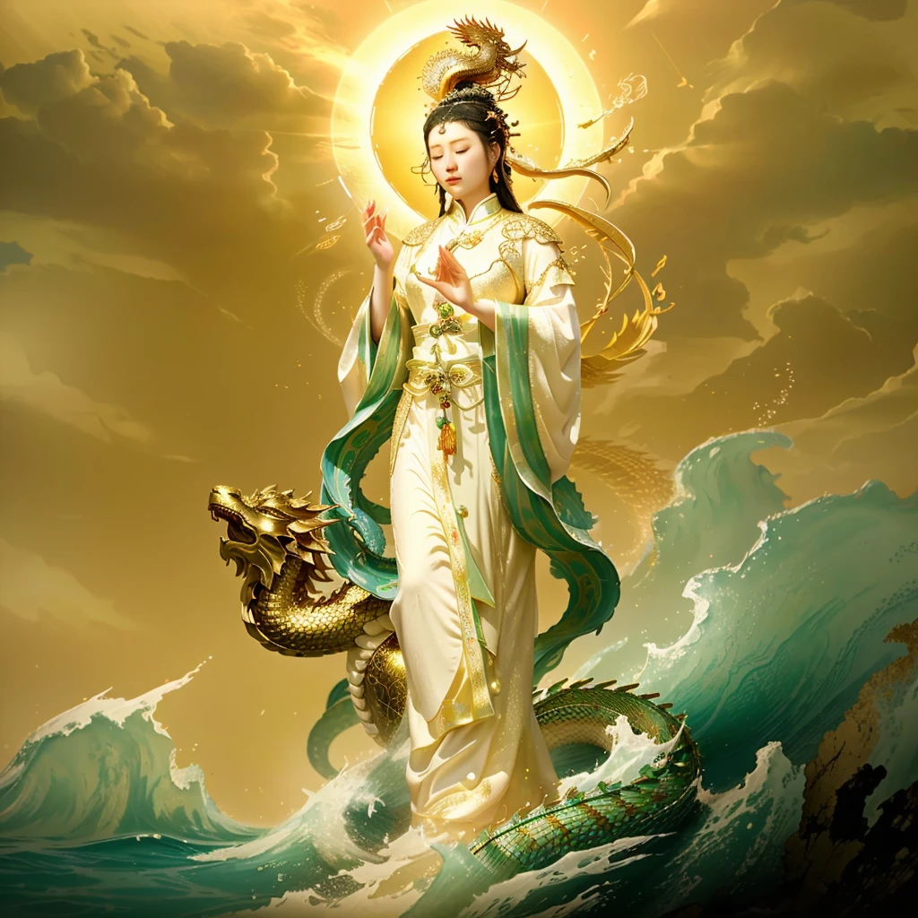 mercy buddha, surrounded by a dragon, sea wave, goddess, Chinese mythology, chinese female taoist priest