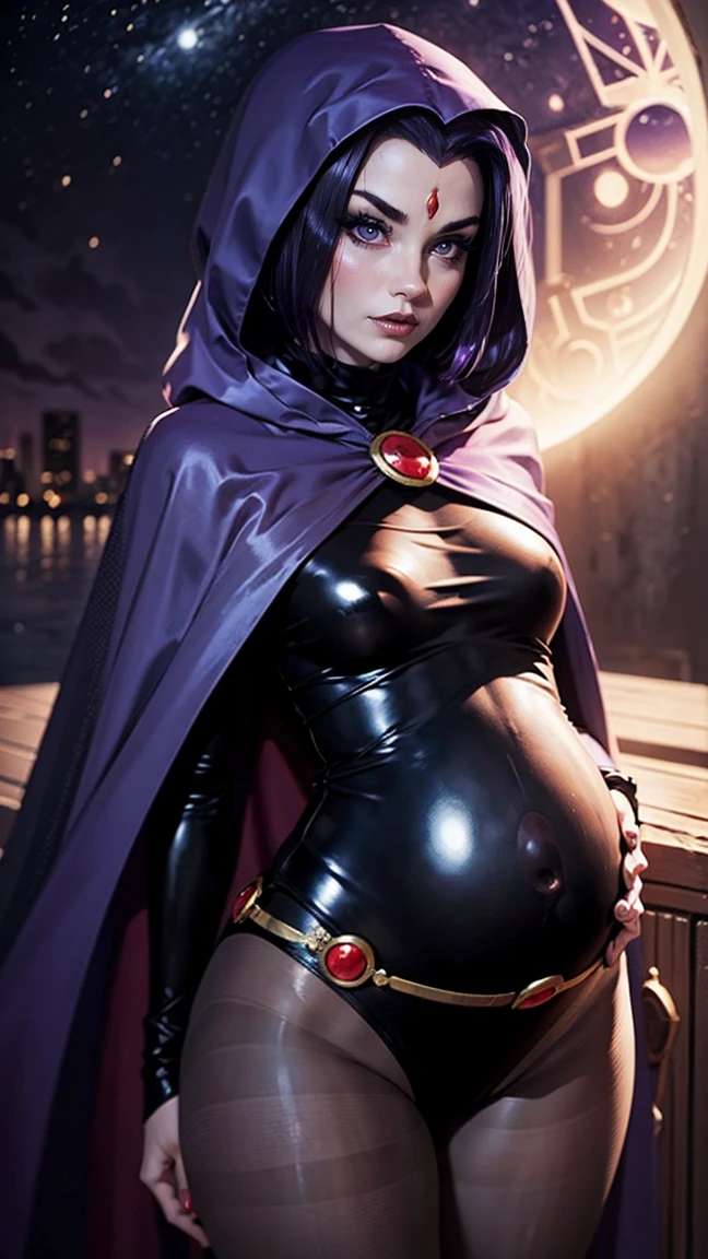 illustration of Raven from DC Comics, 1 girl, Raven, turtleneck, Black leotard, Black cape, hood, purple hair, forehead jeEmel, purple eyes, short hair, Belt, tight skin, standing, cleavage, toned, pose, night , moonlight, ((posing)), movement lines, torso, upper body, portrait, B&Em. contour, in anime tarot card art style, elegant, glamorous, reflection, shine, shading, pantyhose 40 dinier, small 1  pregnant