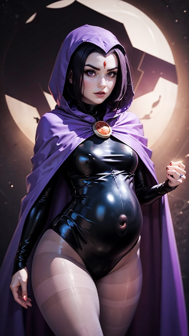 illustration of Raven from DC Comics, 1 girl, Raven, turtleneck, Black leotard, Black cape, hood, purple hair, forehead jeEmel, purple eyes, short hair, Belt, tight skin, standing, cleavage, toned, pose, night , moonlight, ((posing)), movement lines, torso, upper body, portrait, B&Em. contour, in anime tarot card art style, elegant, glamorous, reflection, shine, shading, pantyhose 40 dinier, small 1 week pregnant