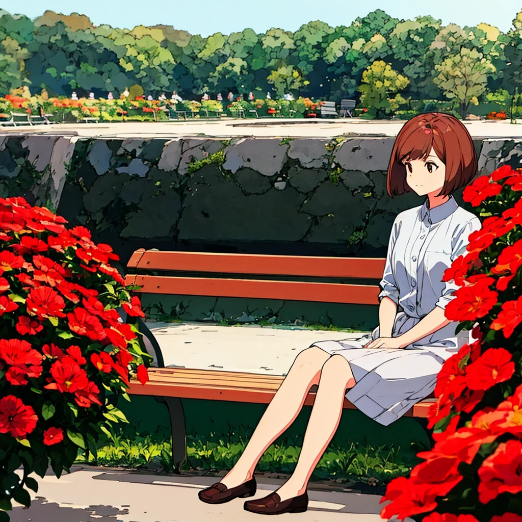 Light gray background Woman sitting on bench Red flowers Summer Brown short hair