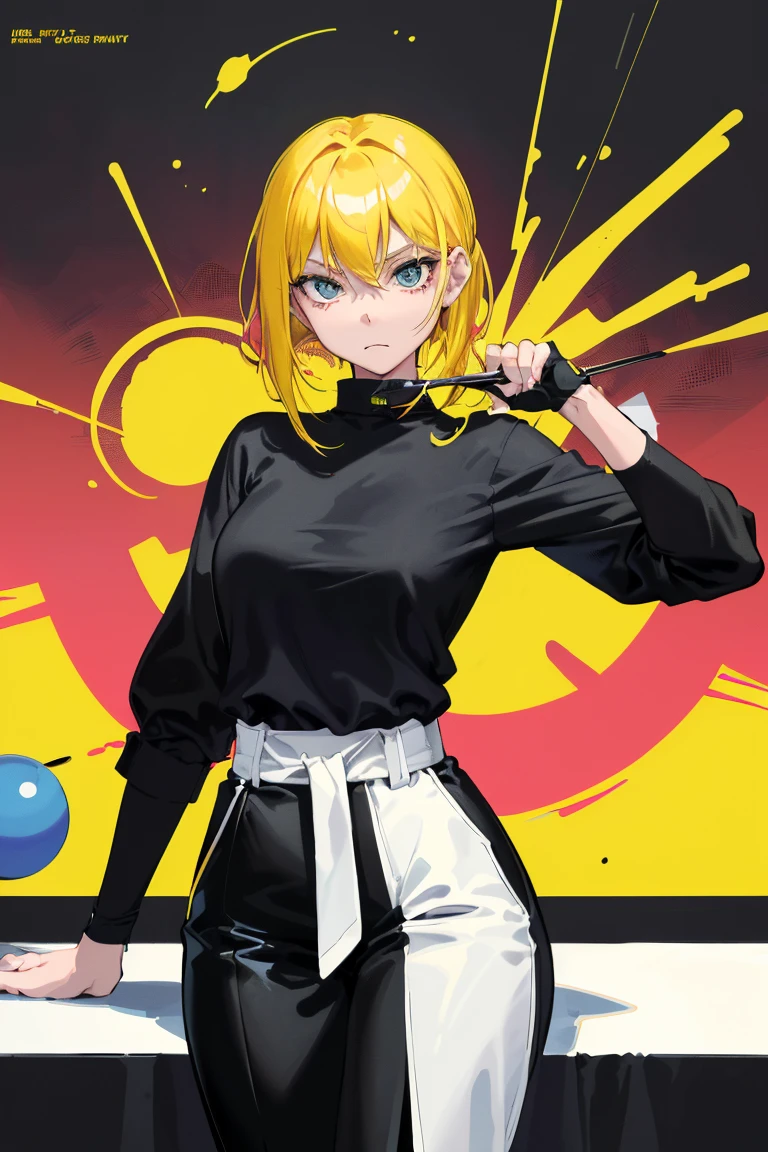 A gentle girl with yellow hair gracefully serves the table tennis ball. (Wearing black stretch pants that perfectly fit at the waist hole, matching the color and texture of the fabric, with shading that accentuates her movements.) (A fishing belt is accurately fitted, its color and texture matching the outfit, adding a subtle yet stylish detail.) (This is a pop art masterpiece, inspired by the comic book realism of Robert Combus, showcasing the Art of Comic Styles.) (With vibrant colors, the table is bursting with dynamism, a spark in every detail, creating a top-quality, official art piece.) (The viewer is invited to look straight into her eyes, her focus entirely