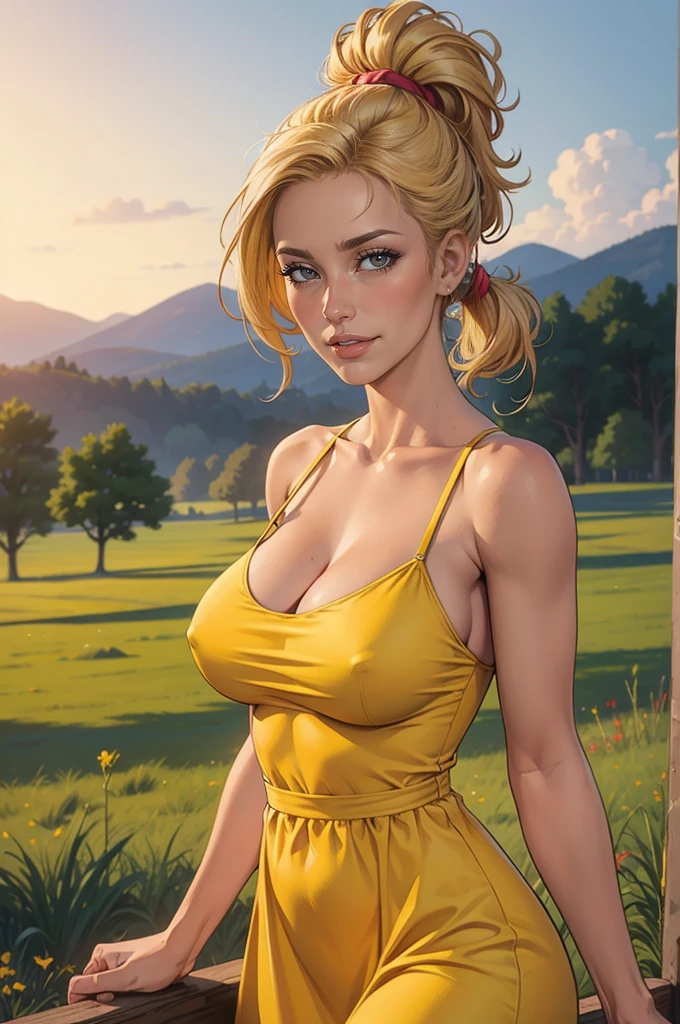 photorealistic,realistic, solo, photorealistic, best quality, ultra high res, 1girl,, , blonde hair in a ponytail, wearing a yellow sundress, breeze blowing through the grass,, , 1girl,, beautiful, masterpiece, best quality, extremely detailed face, perfect lighting, 1girl, solo,, , best quality, ultra high res, photorealistic,, ultra detailed,, masterpiece, best quality, , nancy1, large breasts, cleavage,, breast curtains, ,