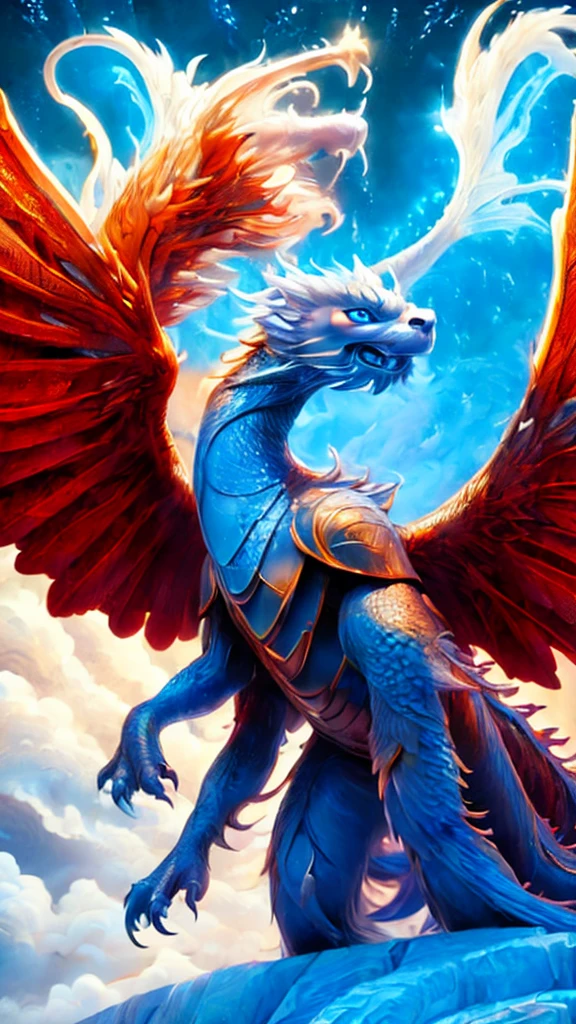 (((8k))), (((High resolution))),((Highest quality)), a white dragon, Blue eyes, looking at the camera,great wings,blazing fire, colorful great aura swirling around the body, flying in the sky full of cloud,beautiful fog,mystic atmosphere,Ultra-realistic,8k,Ultra-fine,Super detailed,sparkles