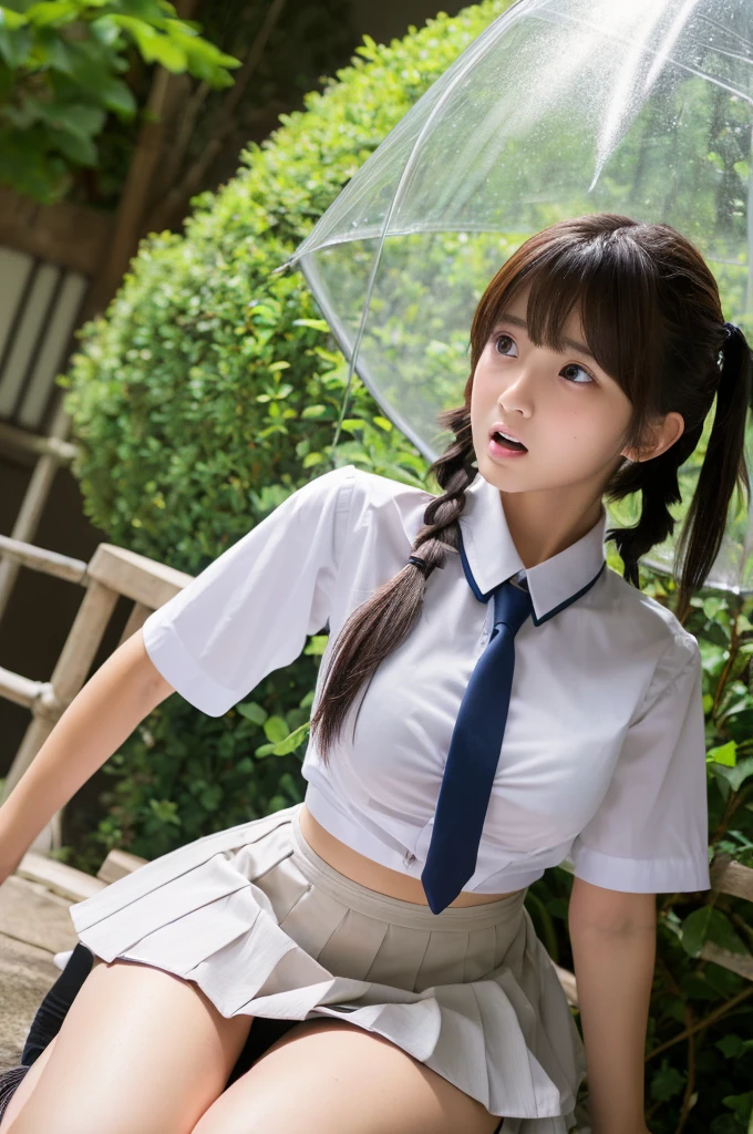 ((highest quality, masterpiece :1.3)), Photorealistic、Ultra-high resolution、Natural skin texture、Hyperrealism、Photograph from the knee up、15 year old Japanese beautiful girl、Twin tail hair、well-shaped breasts、??????????? collared shirt and tie、mini skirt、Angry expression、My eyes are watering