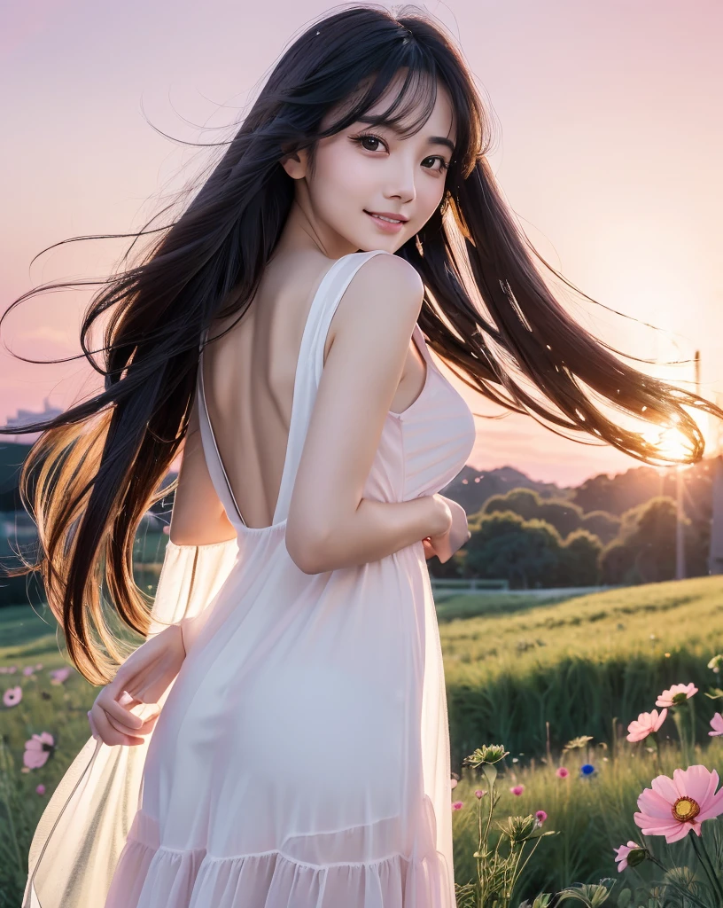 (Highest quality), (32K), (High resolution:1.5), (Masterpiece:1.5), marimo_jet, Beautiful face in every detail, god々A photograph with brilliant dazzling and healing power., Evoking a sense of calm and elusive beauty, Expressing emotions, Have a rich imagination, A flower field that stretches to the horizon, Beautiful Japanese Girls, ((Looking back:1.3)), An exceptionally beautiful face, Small Face Beauty, Perfect Human Anatomy, Magical big eyes, Motherhood and generosity, Deep Love, A fleeting smile, Shiny black hair, Beautiful long hair swaying in the wind, Asymmetrical bangs, Hair between the eyes, Transparent, soft white skin, Sharp eyebrows, Thin lashes, Natural Makeup, Cheek highlighter, Pale pink detailed lips, (White dress:1.4), ((Cosmos fields stretching to the horizon:1.3)), ((Pink Sky:1.3)), Beautifully detailed skies, ((Shining in the morning sunlight)), Professional photographer, Professional Lighting, Professional models, god秘的