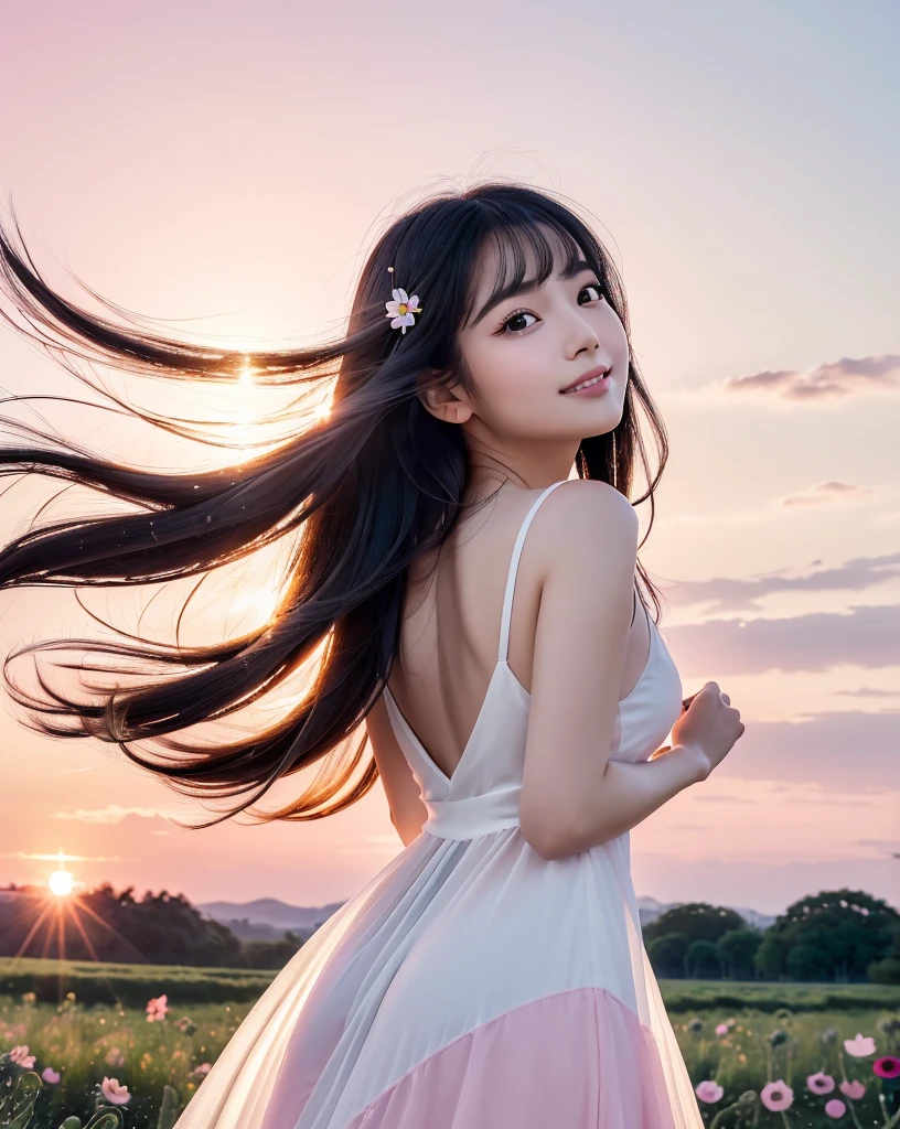 (Highest quality), (32K), (High resolution:1.5), (Masterpiece:1.5), marimo_jet, Beautiful face in every detail, god々A photograph with brilliant dazzling and healing power., Evoking a sense of calm and elusive beauty, Expressing emotions, Have a rich imagination, A flower field that stretches to the horizon, Beautiful Japanese Girls, ((Looking back:1.3)), An exceptionally beautiful face, Small Face Beauty, Perfect Human Anatomy, Magical big eyes, Motherhood and generosity, Deep Love, A fleeting smile, Shiny black hair, Beautiful long hair swaying in the wind, Asymmetrical bangs, Hair between the eyes, Transparent, soft white skin, Sharp eyebrows, Thin lashes, Natural Makeup, Cheek highlighter, Pale pink detailed lips, (White dress:1.4), ((Cosmos fields stretching to the horizon:1.3)), ((Pink Sky:1.3)), Beautifully detailed skies, ((Shining in the morning sunlight)), Professional photographer, Professional Lighting, Professional models, god秘的