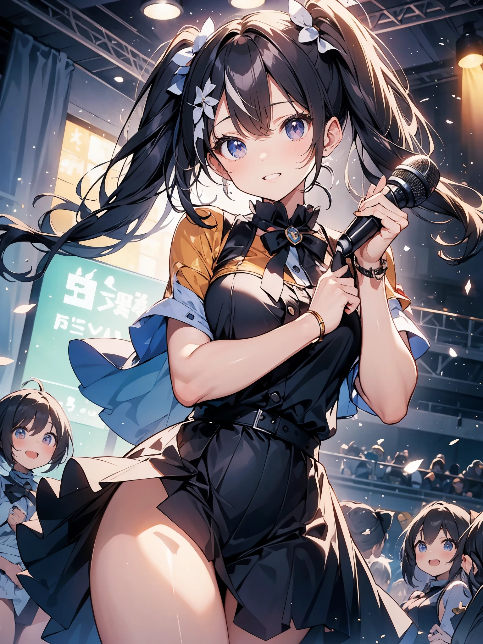 (masterpiece:1.2)、cute、Idol、Glowing Stage、Glamorous costumes、Sing with a microphone、Musical notes background、