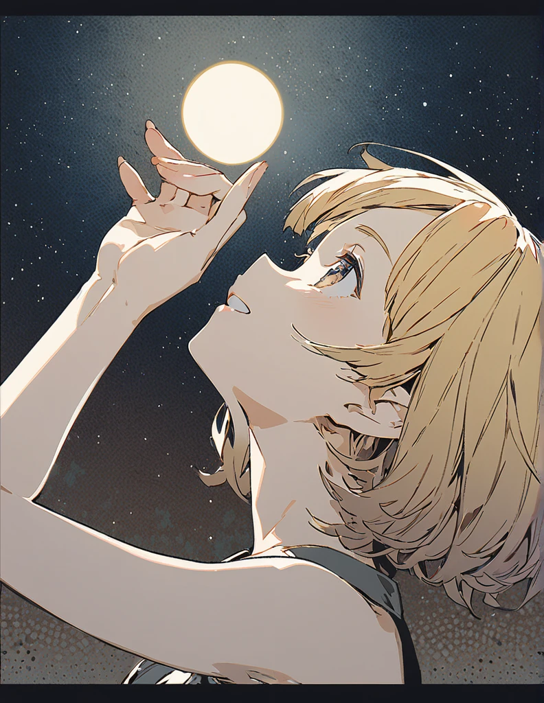Profile of a cheerful blonde short-haired girl, side boob exposed Screentone processing Looking up at the moon Shaded painting style