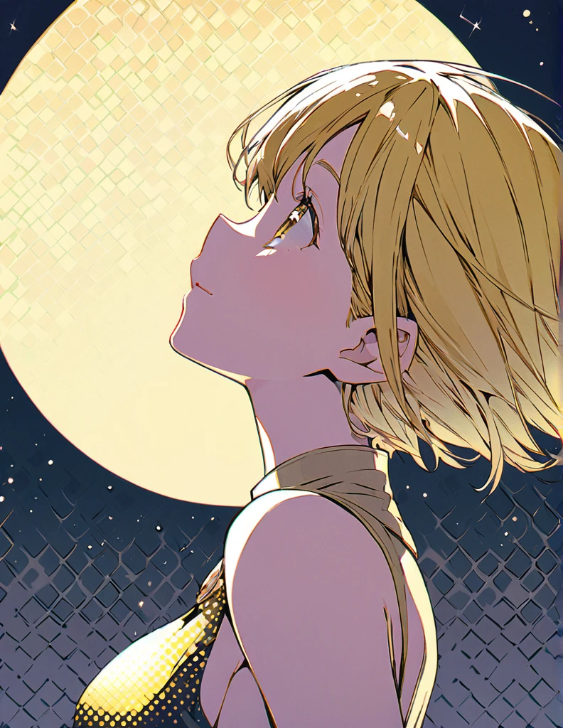 Profile of a cheerful blonde short-haired girl, side boob exposed Screentone processing Looking up at the moon Shaded painting style