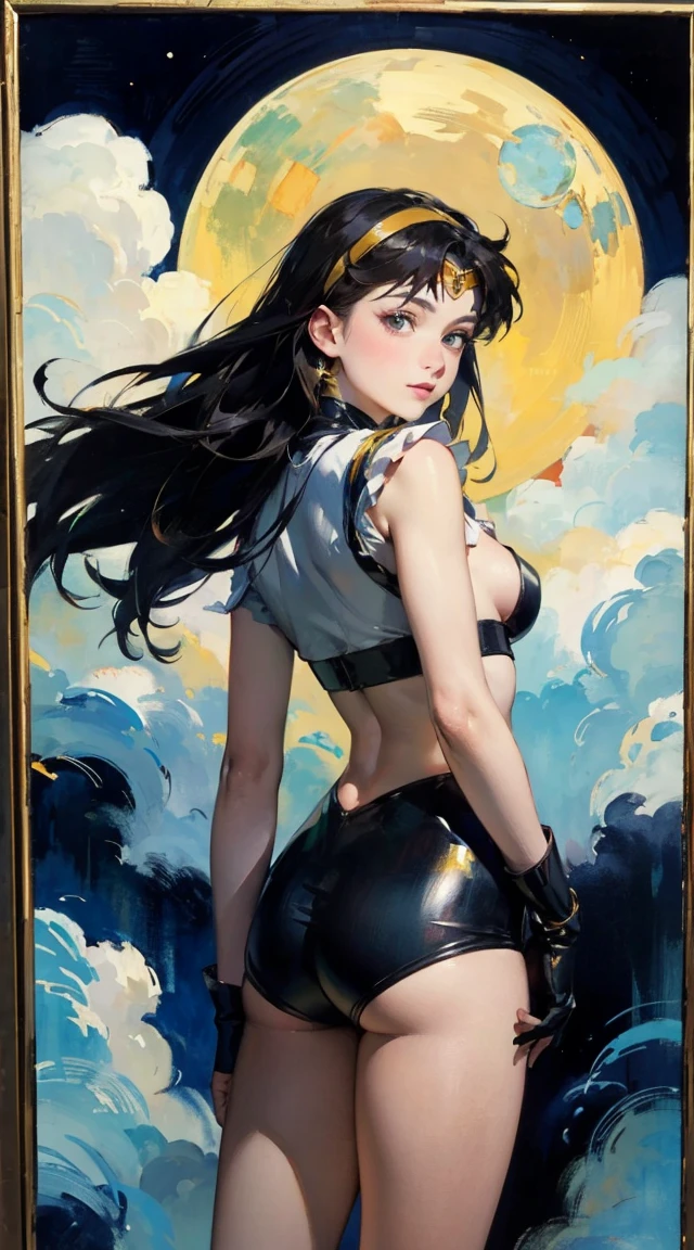 watercolor、Being inside a spaceship、Large windows of spacecraft、performer, Planets and nebulae visible from spaceship window、girl looking out the window、Mecha、mechanical、Panorama、girl around 24 years old(Baby Face、Slim figure、Looks like a 12 year old boy)Shorts、Ukiyo-e style background、Tiny tubes and pipes undulate like tentacles..、Nipples are visible without a bra、Spacesuit Girls, masterpiece　the sailor moon, Sailor Moon style, Beautiful,  moon princess, blond-haired princess, portrait of magical girl,  (from behind), (masterpiece, best quality:1.2), expressive eyes, perfect face, highres, 1girl, solo, female version of  Ryu \(sf\), (female:1.5), black hair, long hair, dougi, fingerless gloves, headband, no pants, standing, cowboy shot, looking at the viewer  ８ｋ,Realistic Skin Texture、Superrealism、Realistic Photo、A futuristic Japanese female soldier stands amongst rubble、Damaged moss green metal armor、Skull mark painted on armor、Painting of the unit and identification number、Peeling paint、Oil stains、Energy Rifle、fighting spirit、Detailed Description、Dynamic pose
  Realistic portrait of the protagonist of the anime Sailor Moon　(Super detailed,ultra high resolution,detailed background),((2D)),((flat color)),((colorful)),((floating colorful water)),1 girl,alone,looking at the viewer,break　　cwc, (color circle:1.20), multiple girls, 5girls, (oil painting), post-Impressionist, degas style,