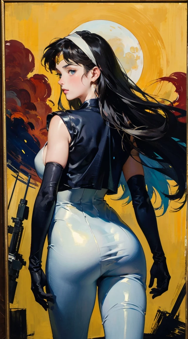 watercolor、Being inside a spaceship、Large windows of spacecraft、performer, Planets and nebulae visible from spaceship window、girl looking out the window、Mecha、mechanical、Panorama、girl around 24 years old(Baby Face、Slim figure、Looks like a 12 year old boy)Shorts、Ukiyo-e style background、Tiny tubes and pipes undulate like tentacles..、Nipples are visible without a bra、Spacesuit Girls, masterpiece　the sailor moon, Sailor Moon style, Beautiful,  moon princess, blond-haired princess, portrait of magical girl,  (from behind), (masterpiece, best quality:1.2), expressive eyes, perfect face, highres, 1girl, solo, female version of  Ryu \(sf\), (female:1.5), black hair, long hair, dougi, fingerless gloves, headband, no pants, standing, cowboy shot, looking at the viewer  ８ｋ,Realistic Skin Texture、Superrealism、Realistic Photo、A futuristic Japanese female soldier stands amongst rubble、Damaged moss green metal armor、Skull mark painted on armor、Painting of the unit and identification number、Peeling paint、Oil stains、Energy Rifle、fighting spirit、Detailed Description、Dynamic pose
  Realistic portrait of the protagonist of the anime Sailor Moon　(Super detailed,ultra high resolution,detailed background),((2D)),((flat color)),((colorful)),((floating colorful water)),1 girl,alone,looking at the viewer,break　　cwc, (color circle:1.20), multiple girls, 5girls, (oil painting), post-Impressionist, degas style,