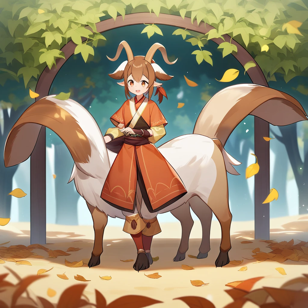 Human half deer, faunesa, arch of leaves, clothes made out of leaves, goat legs