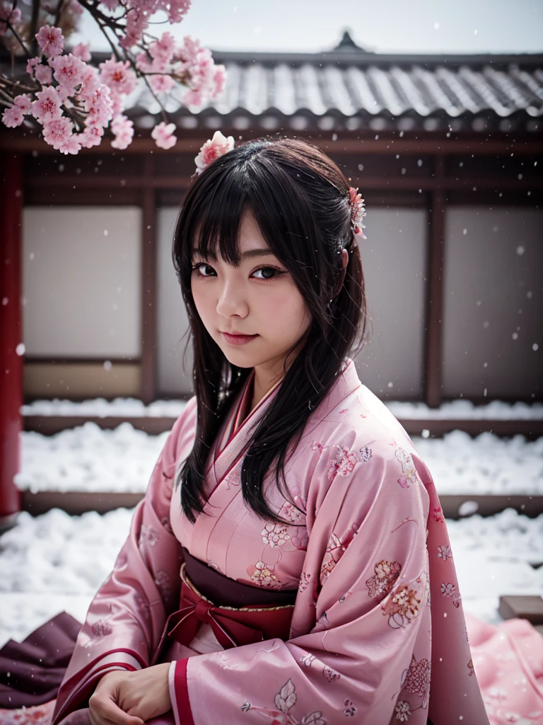 (Sumilux f1.4 50mm , low Latitude old color negative film , cross process , bokeh, flare, chromatic aberration , soft focus, (Shallow focus) , soft glow , Maximum aperture, High Key , Transparent depiction) , kawaii hentai anime , Japanese Heian period , Royal girl, fox mask , (round Maro eyebrows) , kimono, sitting , (Peony flowers blooming:0.8) , closeup face , Snow is falling , steamy breath , Kagura Dance
