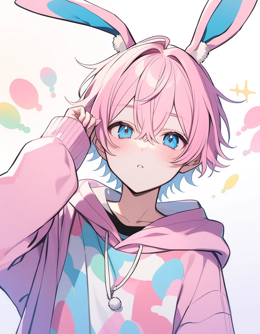 pink hair, boy, teen, rabbit ears, pink hoodie, blue eyes, choker, white shoes