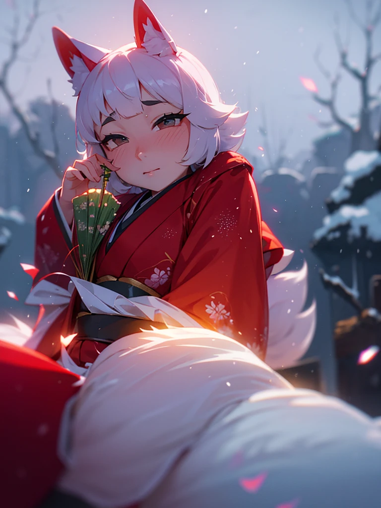 (Sumilux f1.4 50mm , low Latitude old color negative film , cross process , bokeh, flare, chromatic aberration , soft focus, (Shallow focus) , soft glow , Maximum aperture, High Key , Transparent depiction) , kawaii hentai anime , Japanese Heian period , Royal girl, fox mask , (round Maro eyebrows) , kimono, sitting , (Peony flowers blooming:0.8) , closeup face , Snow is falling , steamy breath , Kagura Dance