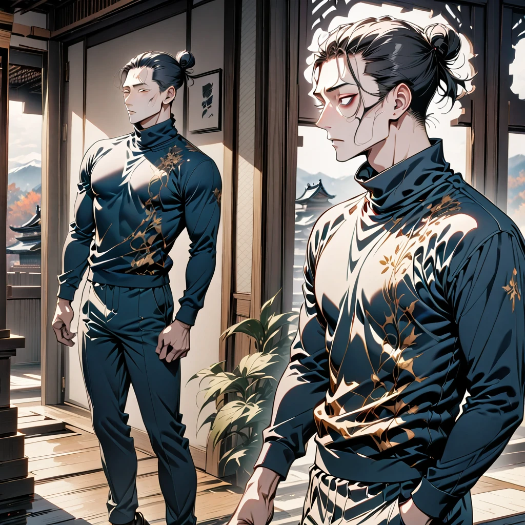 (masterpiece, best quality), intricate details, design for a hoodie, vector design, no humans, 1boy, man, black hair, , geto, suguru geto \(jujutsu kaisen\), long black hair partially tied up in a man bun while the rest drapes down his back, black eyes, dark blue gakuran jacket, matching pants, male focus, front profile, polo neck jacket, slacked pants, , black loafers, japanese castle interior background, horror scene, upper body, full body shot, no human, high saturated colors, one person, single person only.