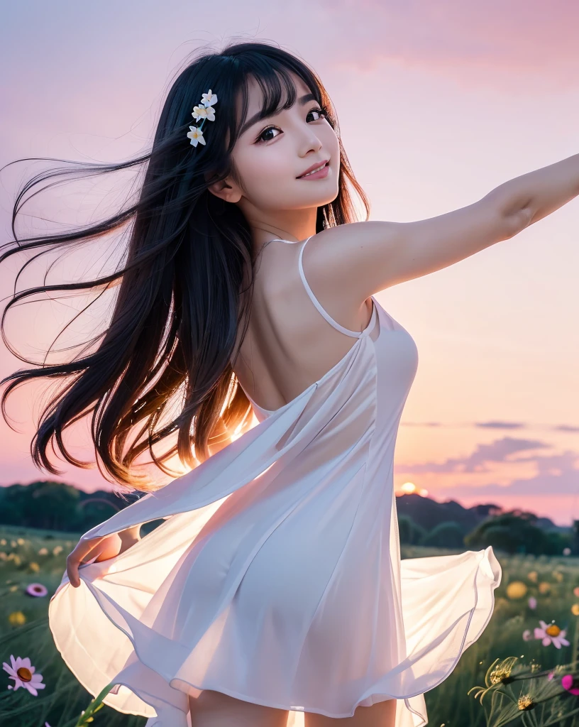 (Highest quality), (32K), (High resolution:1.5), (Masterpiece:1.5), marimo_jet, Beautiful face in every detail, god々A photograph with brilliant dazzling and healing power., Evoking a sense of calm and elusive beauty, Expressing emotions, Have a rich imagination, A flower field that stretches to the horizon, Beautiful Japanese Girls, ((Looking back:1.3)), An exceptionally beautiful face, Small Face Beauty, Perfect Human Anatomy, Magical big eyes, Motherhood and generosity, Deep Love, A fleeting smile, Shiny black hair, Beautiful long hair swaying in the wind, Asymmetrical bangs, Hair between the eyes, Transparent, soft white skin, Sharp eyebrows, Thin lashes, Natural Makeup, Cheek highlighter, Pale pink detailed lips, (White dress:1.4), ((Cosmos fields stretching to the horizon:1.3)), ((Pink Sky:1.3)), Beautifully detailed skies, ((Shining in the morning sunlight)), Professional photographer, Professional Lighting, Professional models, god秘的