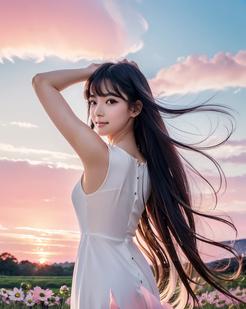 (Highest quality), (32K), (High resolution:1.5), (Masterpiece:1.5), marimo_jet, Beautiful face in every detail, god々A photograph with brilliant dazzling and healing power., Evoking a sense of calm and elusive beauty, Expressing emotions, Have a rich imagination, A flower field that stretches to the horizon, Beautiful Japanese Girls, ((Looking back:1.3)), An exceptionally beautiful face, Small Face Beauty, Perfect Human Anatomy, Magical big eyes, Motherhood and generosity, Deep Love, A fleeting smile, Shiny black hair, Beautiful long hair swaying in the wind, Asymmetrical bangs, Hair between the eyes, Transparent, soft white skin, Sharp eyebrows, Thin lashes, Natural Makeup, Cheek highlighter, Pale pink detailed lips, (White dress:1.4), ((Cosmos fields stretching to the horizon:1.3)), ((Pink Sky:1.3)), Beautifully detailed skies, ((Shining in the morning sunlight)), Professional photographer, Professional Lighting, Professional models, god秘的