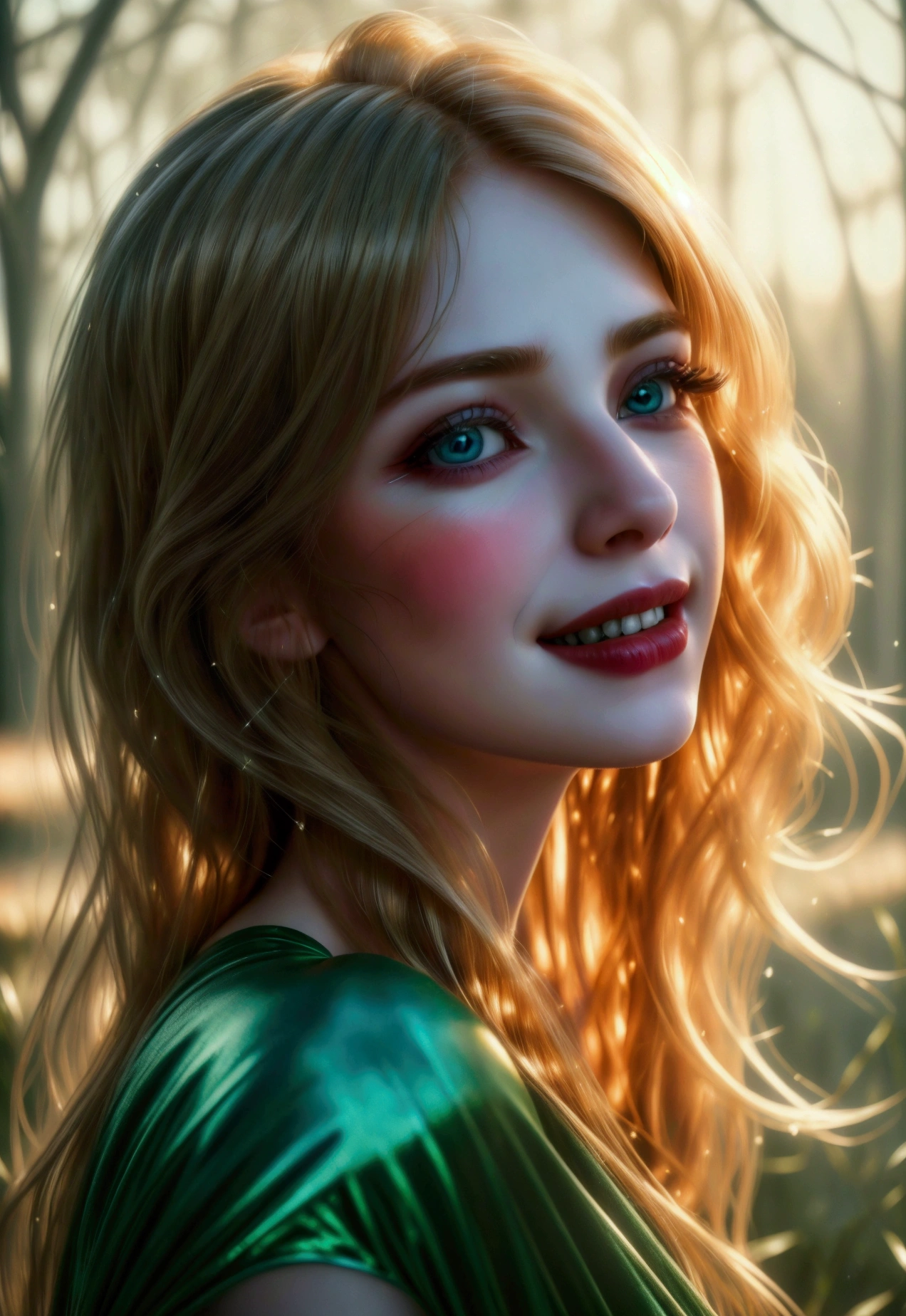(((ultra realistic))) Photo, masterpiece, top quality, (pale skin), (Ultra detailed face and eyes:1.3), 1 girl, Adult, Retro style, beautiful female model, glamorous body, plump body, long haired person, Wavy Hair, blonde, smooth skin, blue eyes, enchanting smile, dark makeup, red lips, (cheerfull:1.2), longing girl in green field, tender gaze, sad but beautiful expression, natural landscape, photorealistic, highly detailed, dramatic lighting, vibrant colors, serene, emotional, wide shot portrait