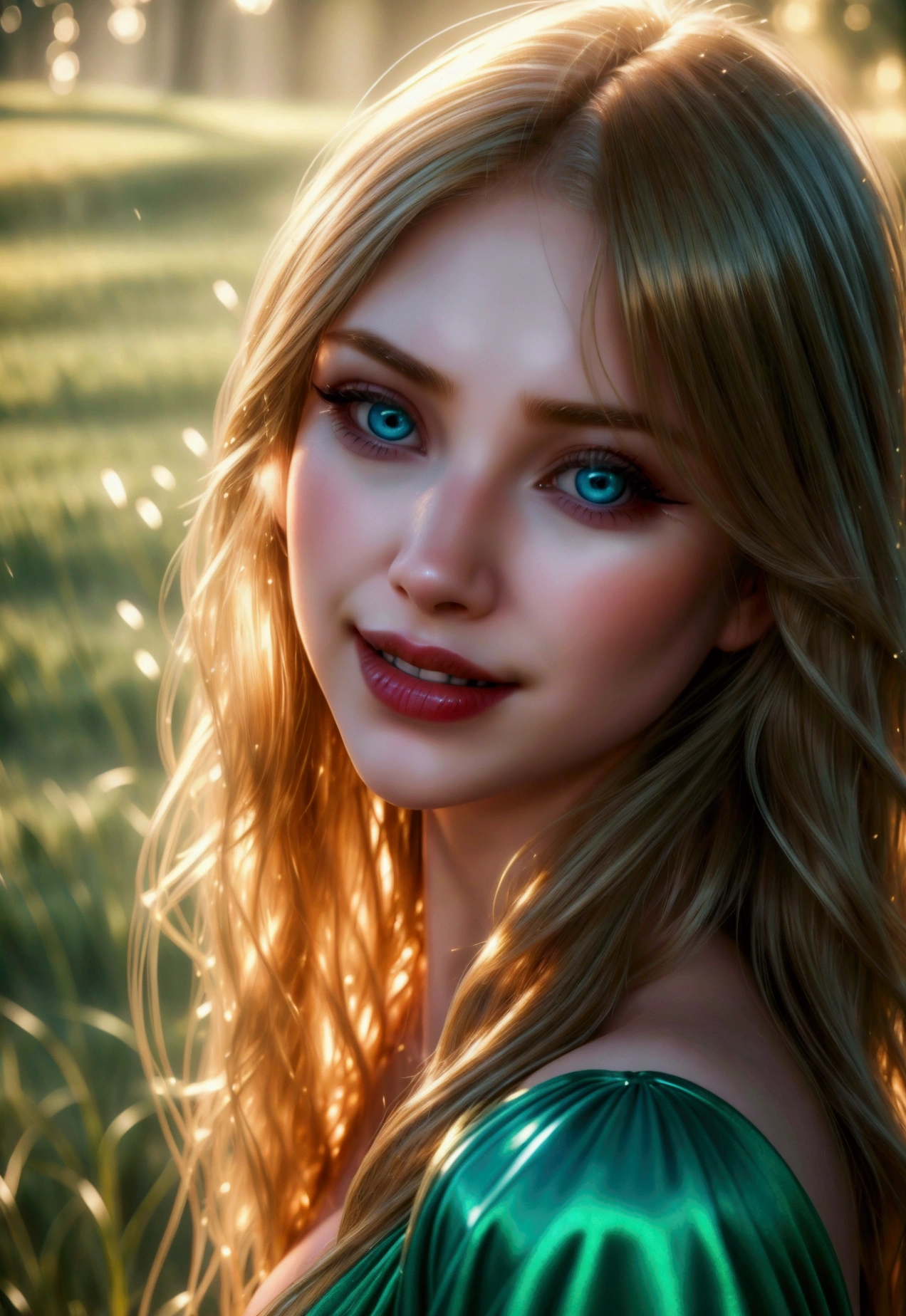 (((ultra realistic))) Photo, masterpiece, top quality, (pale skin), (Ultra detailed face and eyes:1.3), 1 girl, Adult, Retro style, beautiful female model, glamorous body, plump body, long haired person, Wavy Hair, blonde, smooth skin, blue eyes, enchanting smile, dark makeup, red lips, (cheerfull:1.2), longing girl in green field, tender gaze, sad but beautiful expression, natural landscape, photorealistic, highly detailed, dramatic lighting, vibrant colors, serene, emotional, wide shot portrait