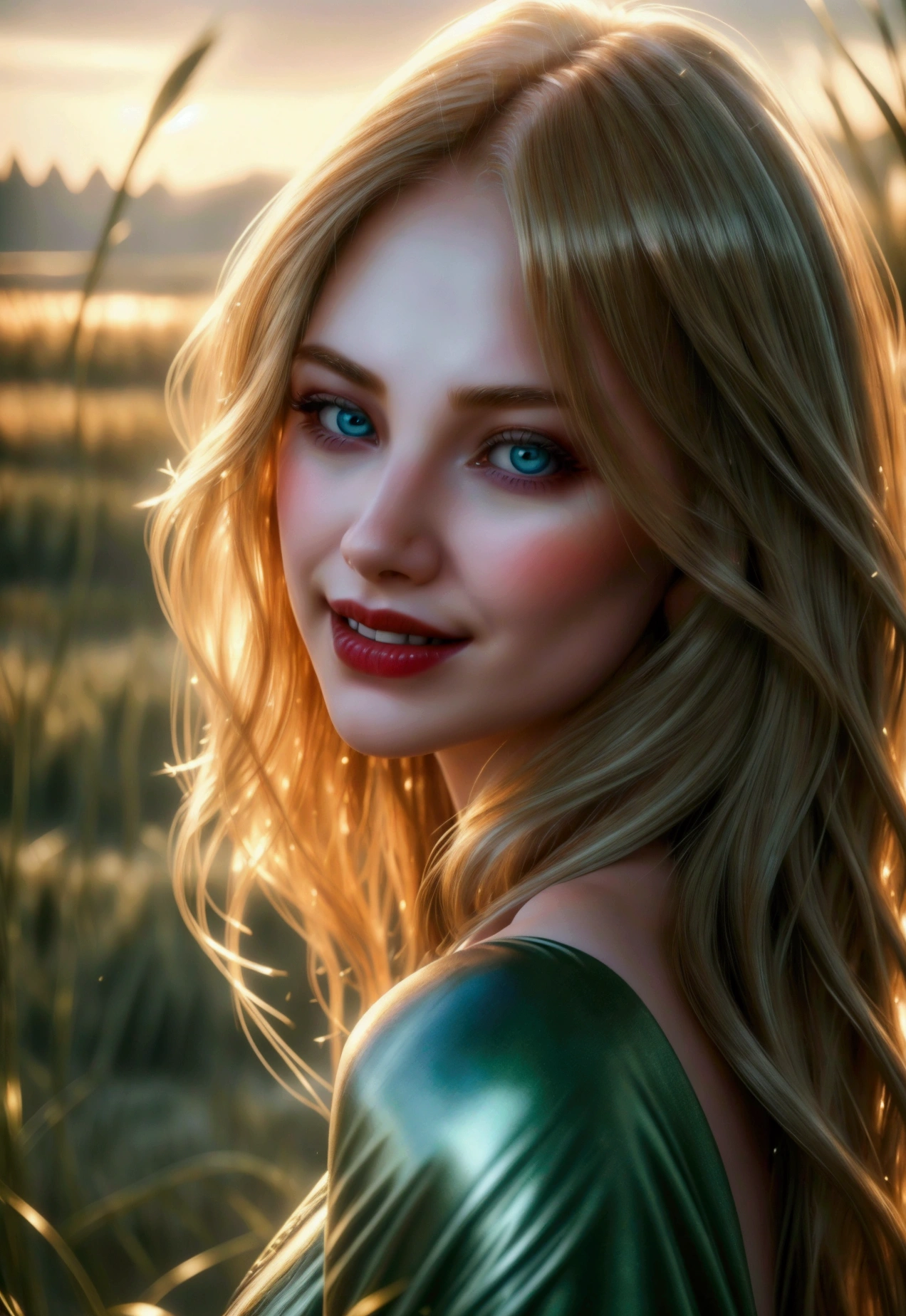 (((ultra realistic))) Photo, masterpiece, top quality, (pale skin), (Ultra detailed face and eyes:1.3), 1 girl, Adult, Retro style, beautiful female model, glamorous body, plump body, long haired person, Wavy Hair, blonde, smooth skin, blue eyes, enchanting smile, dark makeup, red lips, (cheerfull:1.2), longing girl in green field, tender gaze, sad but beautiful expression, natural landscape, photorealistic, highly detailed, dramatic lighting, vibrant colors, serene, emotional, wide shot portrait