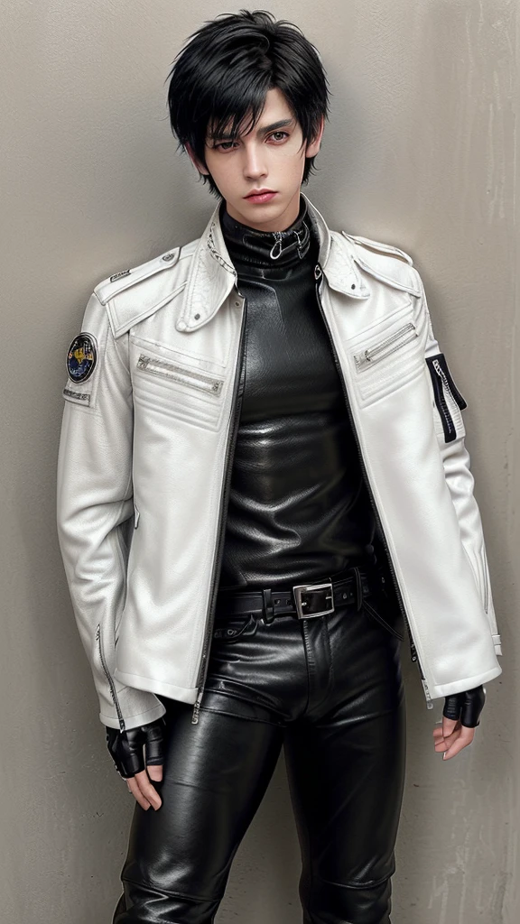 Final fantasy taste and reality graphics, ((Japanese young cute and cool ikemen  boy)), his age is early 20s, thin eyebrows and beady eyes,  ((he wearing off white color leather  thick and heavy material jacket)), ((jacket is singlebrest)), ((biker style jacket)), ((jacket is large size)),((with epaulet)), ((jacket is long sleeve)), ((zipped front of the leather jacket)), , ((voluminous leather jacket)), ,((must jacket is high length and stand-up collar)) ((jacket collar with two belts)), ((jacket is a little black color line pattern)), ((also wearing black thick material turtleneck lackluster shirts)),  ((tight black leather pants)),  ((put black leather tight and thin glove on both hands)), ((black leather knee-high raceup boots)),((must views  head-to-toe)),((must views whole body)), ,((Do not show skin from the neck down)),leather jacket leather glove and leather pants have few wrinkles, Avoid showing your innerwear,zip up jacket fastner.must put on a leather glove.
Boy is black hair.boy looks like fashion model.
