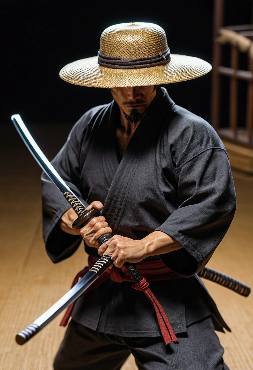 ronin, straw hat, holding a katana, Dojo, night environment, realistic hand, 5 inch, intact hand