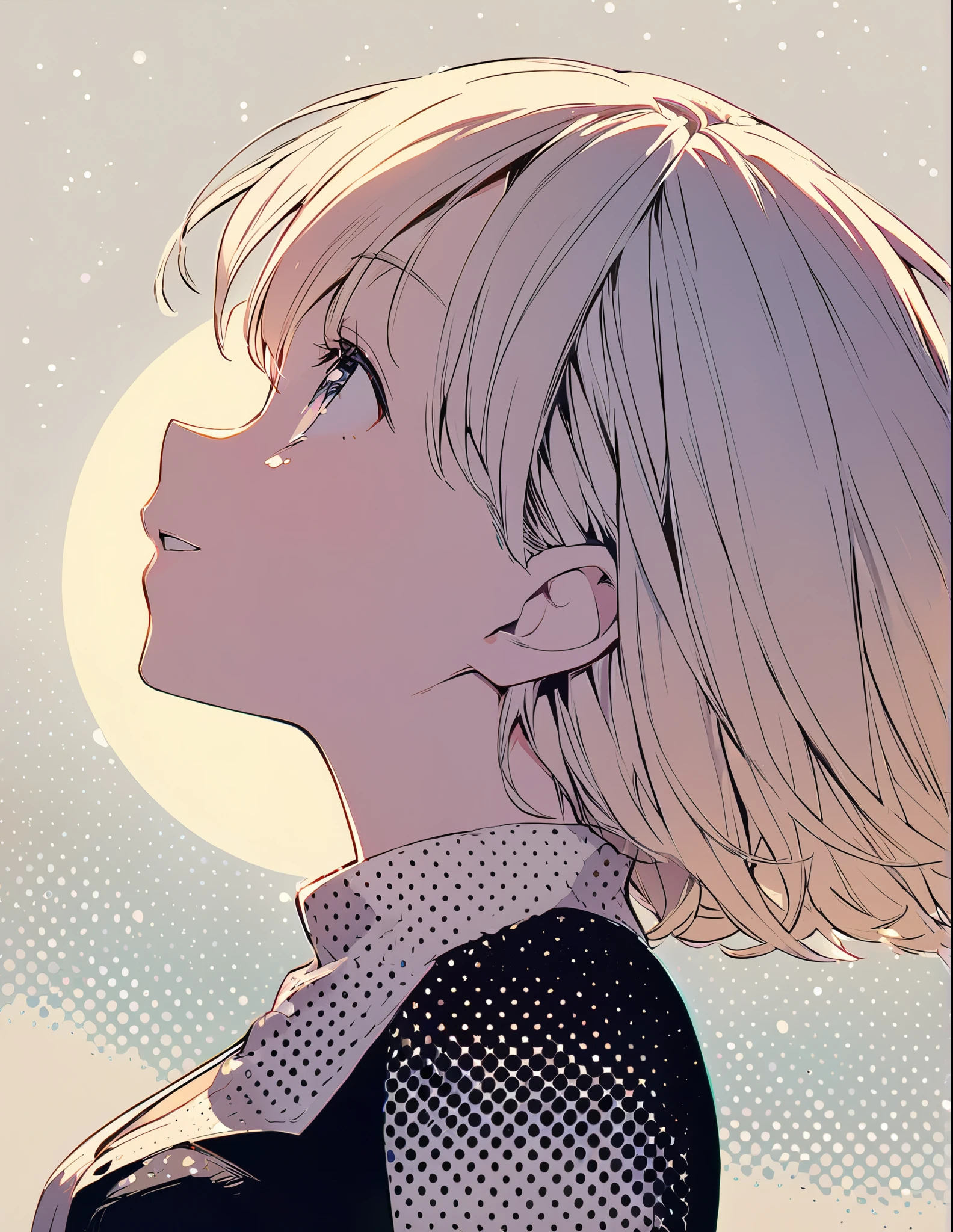 Profile of a cheerful blonde short-haired girl, side boob exposed　Screentone processing　Looking up at the moon