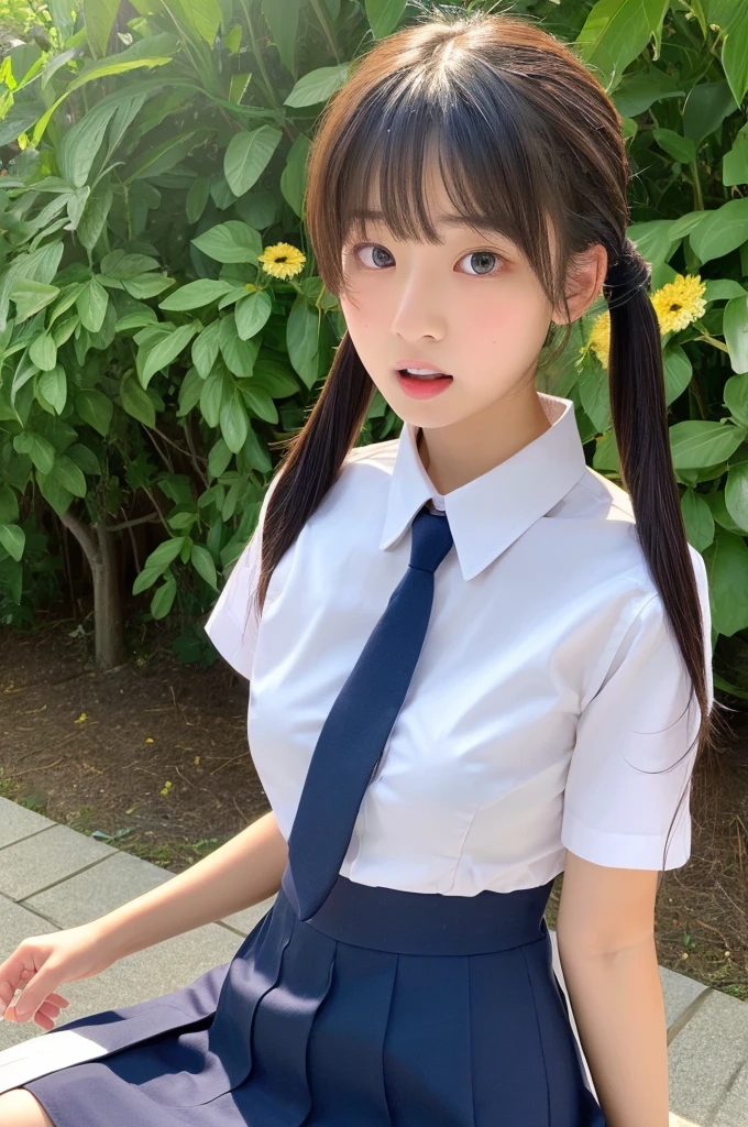 ((highest quality, masterpiece :1.3)), Photorealistic、Ultra-high resolution、Natural skin texture、Hyperrealism、Photograph from the knee up、15 year old Japanese beautiful girl、Twin tail hair、well-shaped breasts、Tight white collared shirt and tie、mini skirt、Angry expression、My eyes are watering