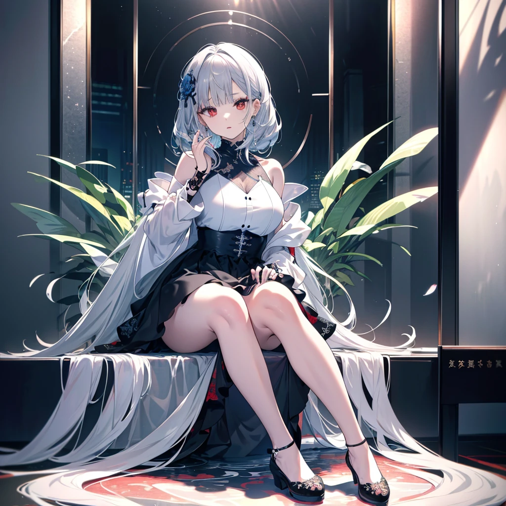 8k,High resolution RAW color art,Anime Art, (((Very detailed and cool))), Detailed skin, Blurry、texture,(Exquisitely crafted, Finer details, Ultra-detailed art), (((1 girl))), Written boundary depth, Silky to the touch, Hyper Detail, (((Cool face))), eye shadow、Silver Marble Skin, Beautiful and detailed red eyes, Beautiful lip detail, Very delicate face, Delicate depiction of hair and eyes, Delicate fashion, (((Full body description)))、Plump、Voluptuous、floor、Sitting